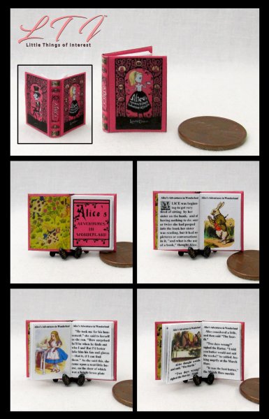 ALICES ADVENTURES IN WONDERLAND Miniature 1/12 Scale Readable Illustrated Book Tenniel Pink