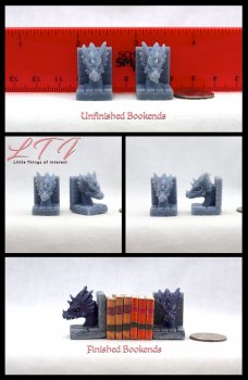 DIY DRAGON HEAD MINIATURE BOOKENDS Set of 2 One Inch Scale Gray Resin