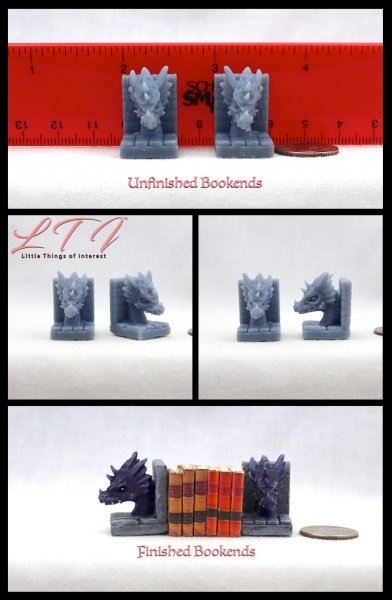 DRAGON HEAD MINIATURE BOOKENDS Set of 2 One Inch Scale Gray Resin DIY