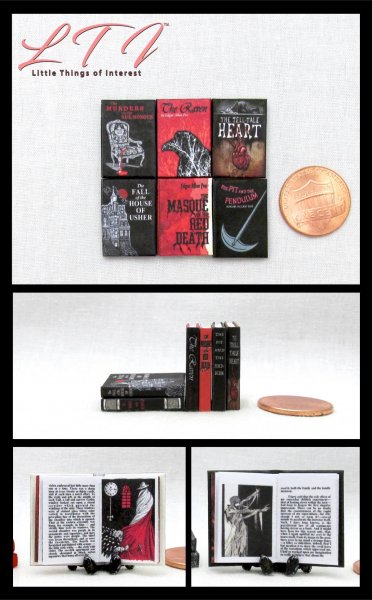 EDGAR ALLAN POE COLLECTION 6 Pc Miniature 1/12 Scale Readable Illustrated Books The Raven, House of Usher, Pit and the Pendulum, Murders in the Rue Morgue, Tell Tale Heart, Masque of the Red Death