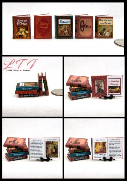 THE FAIRY PRINCESS BOOK Set 5 Pc Miniature 1/12 Scale Readable Illustrated Books Beauty Beast Sleeping Beauty Cinderella