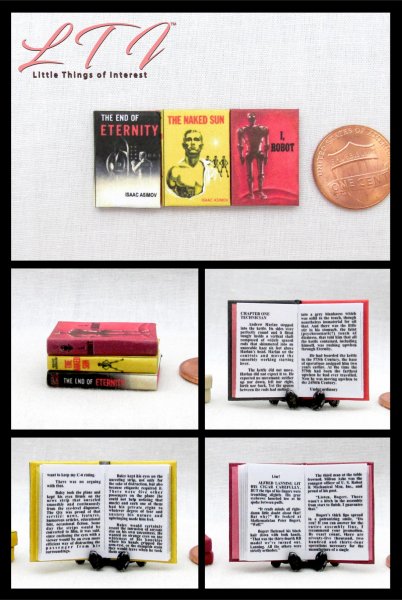 ISAAC ASIMOV SET 3 Pc Miniature Books 1/12 Scale Readable Books Science Fiction I, Robot, The End of Eternity and The Naked Son
