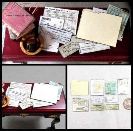 OFFICE FILE FOLDER 9 Pc Receipts Invoice Bank Draft Miniature 1/12 Scale Desk Clutter