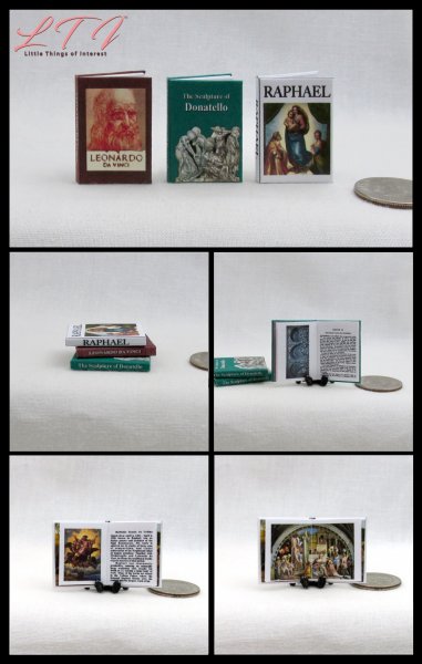 RENAISSANCE ARTISTS SET 3 Pc Miniature 1/12 Scale Readable Illustrated Books Donatello Leonardo Michelangelo