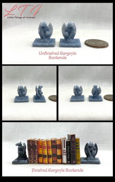 GARGOYLE MINIATURE BOOKENDS Set of 2 One Inch Scale Gray Resin DIY