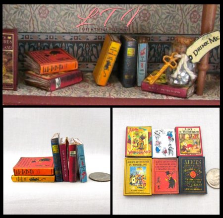 ALICE IN WONDERLAND Set of 6 Prop Faux Books in Miniature Playscale