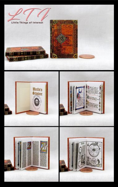 MERLIN'S GRIMOIRE Spell Book Miniature Playscale Readable Illustrated 1/6 Scale Magic Medieval Manuscript Book