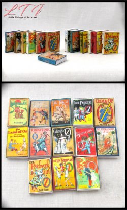 LAND OF OZ Set of 13 Prop Books in Miniature Playscale Wizard of Oz Miniature Faux Emerald City Scarecrow Ozma Patchwork Tik-Tok Rinkitink Tin Woodman