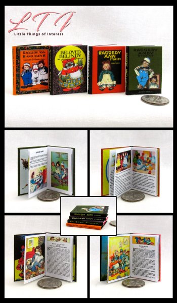 RAGGEDY ANN BOOKS SET of 4 Miniature Playscale Readable Illustrated 1/6 Scale Books Raggedy Ann Raggedy Andy Camel with Wrinkled Knees Belindy