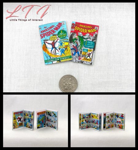 SPIDER-MAN COMIC BOOK Set 2 Pc Miniature Playscale Readable Illustrated Comic Books 1/6 Scale