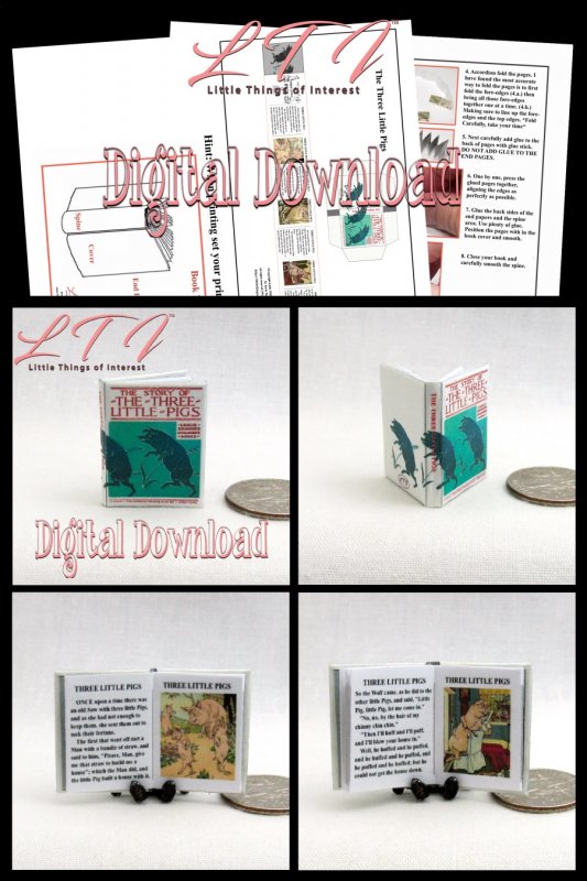 Dollhouse Readable Illustrated Book Three Tiny Pigs 1:12 Scale Miniatures 