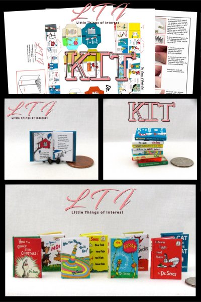 DR. SEUSS BOOK SET Kit with Printed Pdf Instruction Tutorial 8 Pc Books Set in Miniature in 1/12 Scale Books