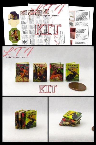 TARZAN BOOK SET 4 Pc Book Kit with Printed Pdf Instruction Tutorial in Miniature in 1/12 Scale DIY Kit