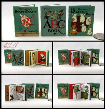 DENSLOW'S CHILDREN'S BOOK SET 3 Miniature Playscale Readable Illustrated Books Humpty Dumpty Abc 5 Little Pigs