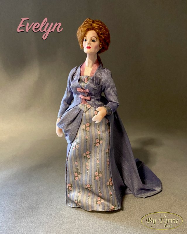 EVELYN Miniature One Inch Scale Doll Dollhouse Woman In Dinner Dress 1880 House of Worth Silk Dress - Click Image to Close
