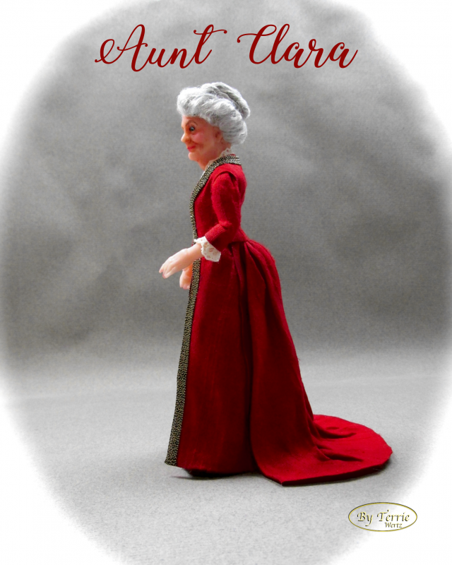 AUNT CLARA OOAK Miniature Doll in One Inch Scale Dollhouse Woman In Dinner Dress 1870 House of Worth Silk Dress - Click Image to Close