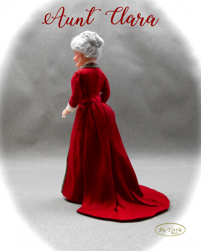 AUNT CLARA OOAK Miniature Doll in One Inch Scale Dollhouse Woman In Dinner Dress 1870 House of Worth Silk Dress - Click Image to Close