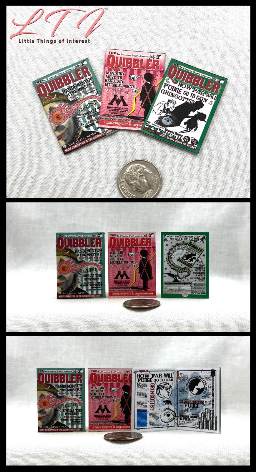 3 Tiny Quibbler Magazine Covers For Harry Potter Dollhouse Miniature 
